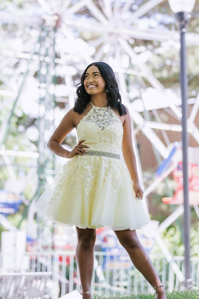 Yellow Tulle Lace Short Prom Dress Beading A Line Homecoming Dress PDP41