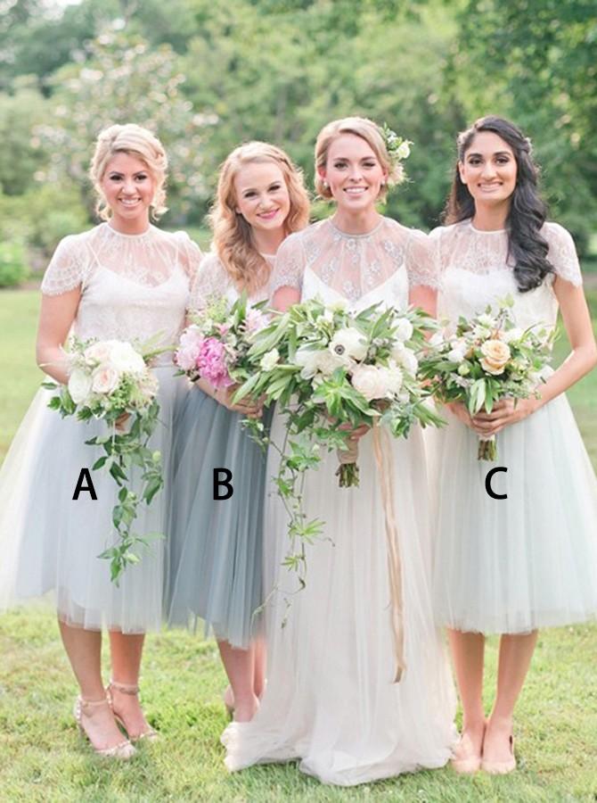 Elegant Jewel Tea Length Cap Sleeves Tulle Short Bridesmaid Dresses with Lace BD16