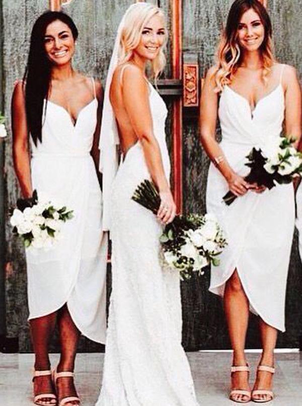 Elegant Sheath Spaghetti Straps Asymmetrical White Bridesmaid Dresses trendtydresses Elegant Sheath Spaghetti Straps Asymmetrical White Bridesmaid Dresses trendtydresses