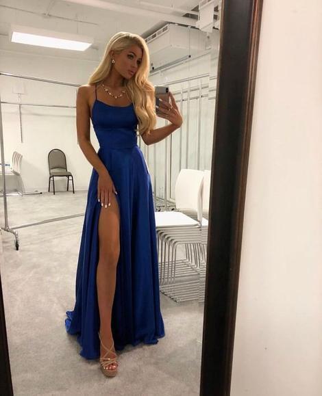 Royal Blue Spaghetti Strap A Line Prom Dress Sexy Long Split Party Dresses OM0006