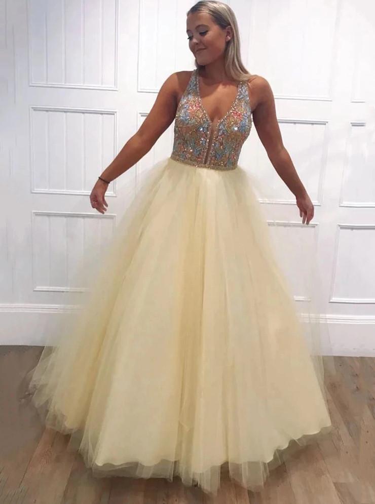 A-line tulle beading v neck long prom dresses keyhole evening dress mg275