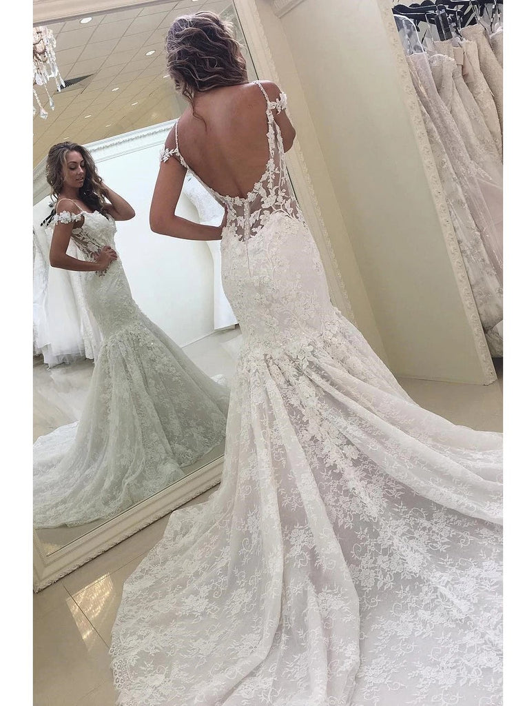 Lace appliques backless wedding dresses sleeveless mermaid bridal gown mg687