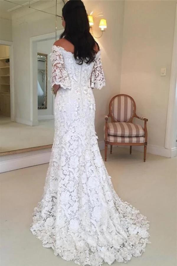 Charming Half Sleeves Lace Wedding Dresses Off the Shoulder Mermaid Bridal Gown WD13