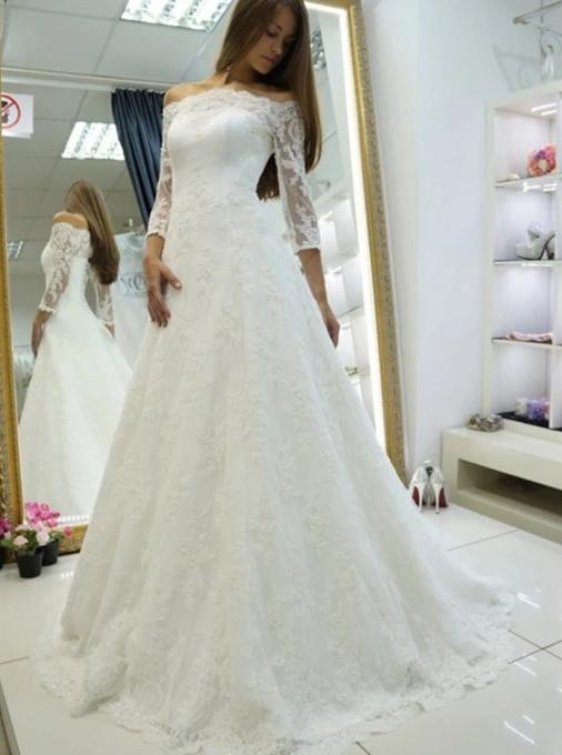 Off shoulder long sleeve wedding dresses lace appliques bridal dresses mg684