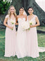 Elegant A line Cap Sleeves V Neck Chiffon Long Pearl Pink Bridesmaid Dresses BD10