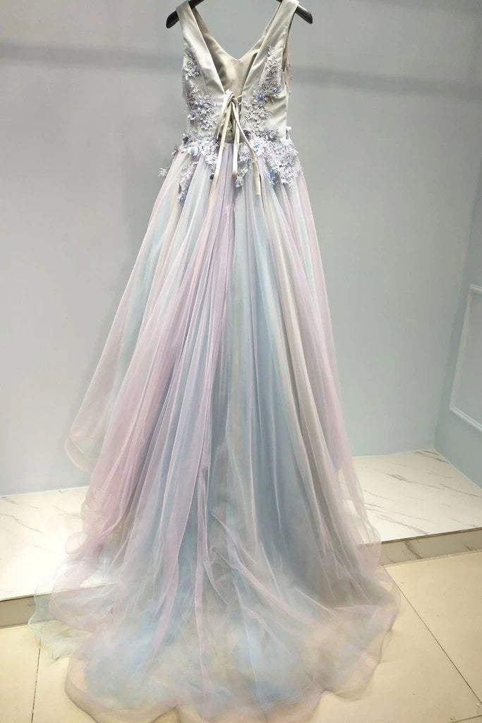 A-line v neck lace appliques ombre long prom formal dresses mg124