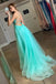 Turquoise spaghetti straps split evening dress appliqued backless long prom dress mg111
