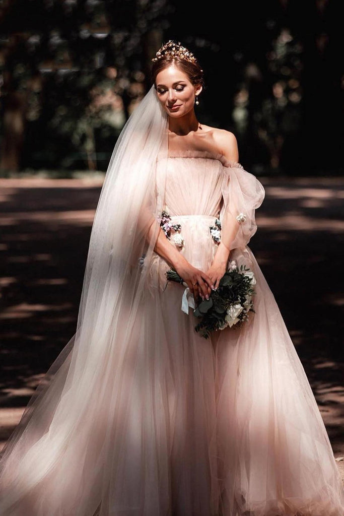 Fairy-tales strapless wedding dresses 3d flowers puff sleeves bridal gowns mg675