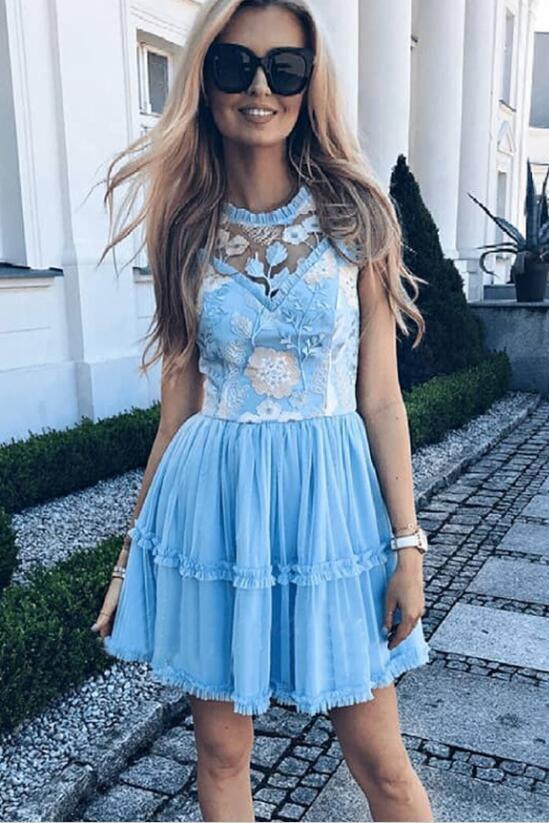 Elegant Jewel Short Cheap Light Blue Tulle Homecoming Party Dresses with Lace PDO50
