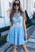 Elegant Jewel Short Cheap Light Blue Tulle Homecoming Party Dresses with Lace PDO50