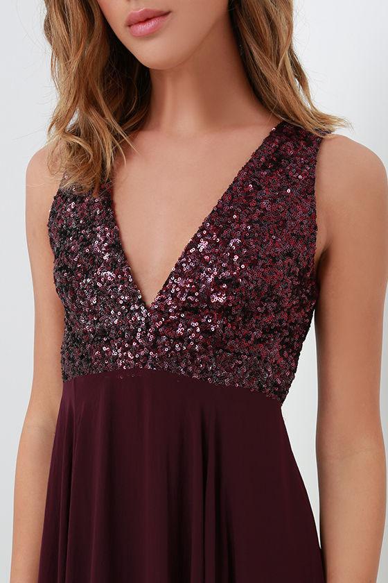 Burgundy Bridesmaid Dresses with Sequin Top, A-line Long Chiffon Wedding Party Dress PDO80