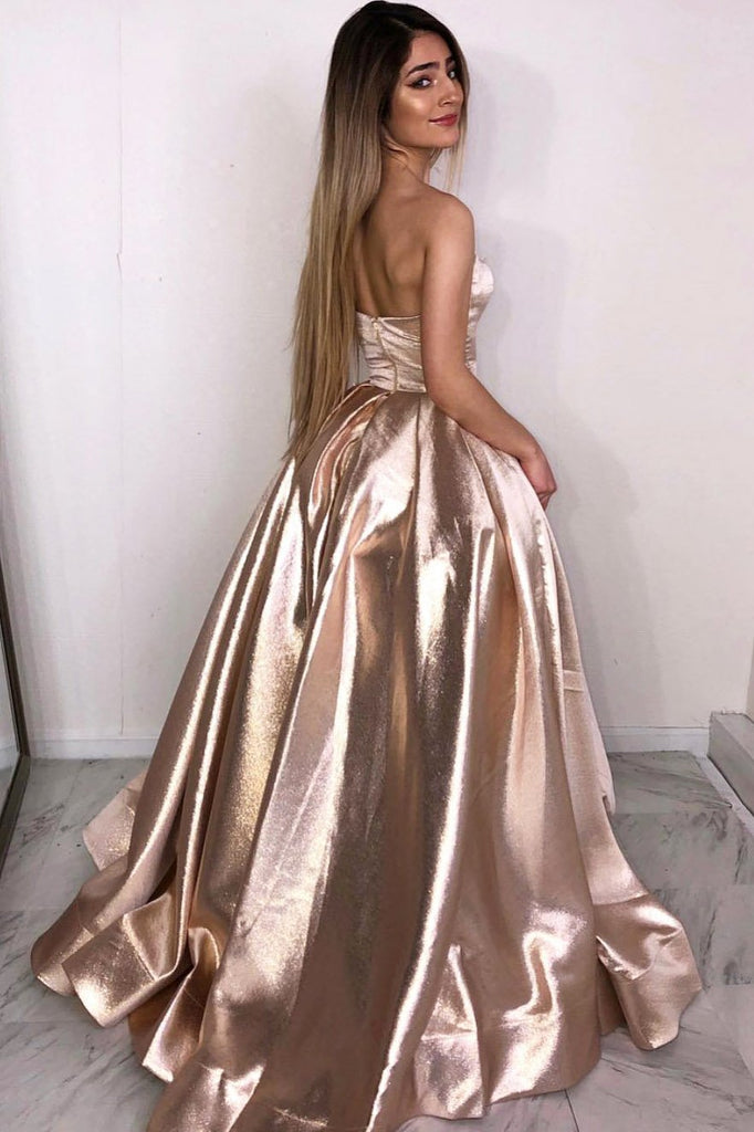 Strapless Rose Gold A Line Long Simple Prom Dress PDK86