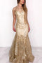 Sexy Mermaid Illusion Neck Ruffles Gold Long Prom Dress PDL8