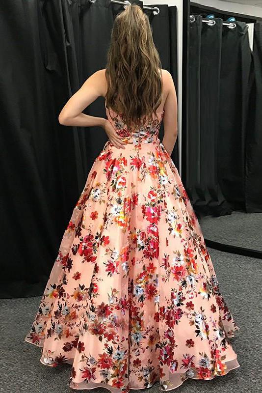 A-Line Spaghetti Straps Floral Print Long Prom Dress PDL94