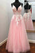 Elegant a-line v neck tulle long prom dress with appliques mg118