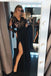 Long sleeve lace black long prom dresses a-line evening gown with split mg123