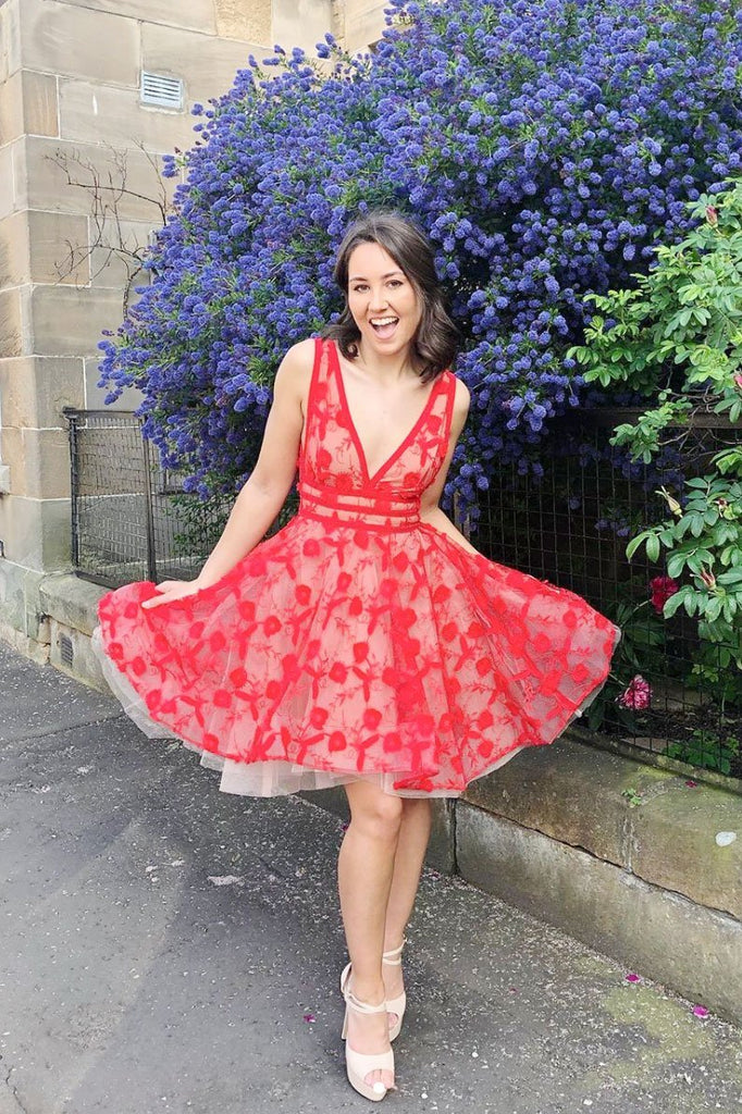 Red V Neck  A Line Tulle Lace Short Homecoming Dress PDP34