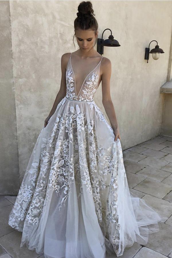 Elegant A Line Deep V-Neck Ivory Tulle Long Prom Dress with Lace Appliques PDI39