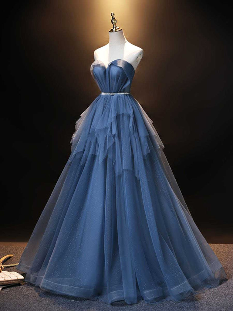 A Line Sweetheart Blue Lace Up Tulle Prom Dresses, Sleeveless Evening Dresses OM0014