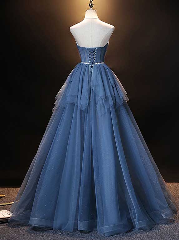 A Line Sweetheart Blue Lace Up Tulle Prom Dresses, Sleeveless Evening Dresses OM0014