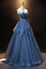 A Line Sweetheart Blue Lace Up Tulle Prom Dresses, Sleeveless Evening Dresses OM0014