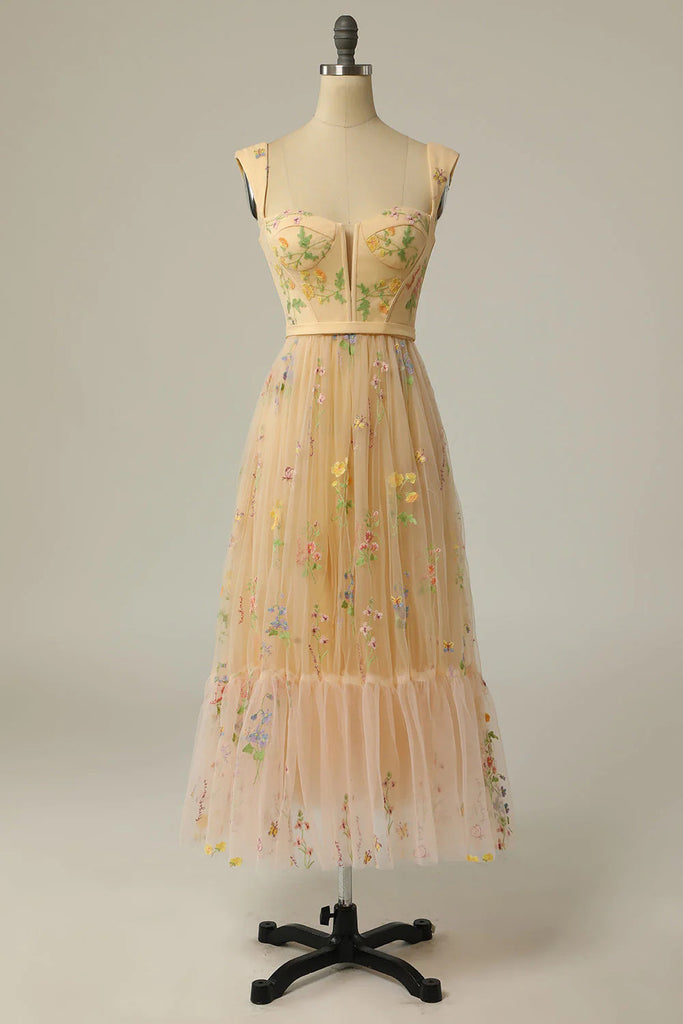 Classic A line Sweetheart Champagne Ankle Length Prom Dresses With Embroidery OM0359