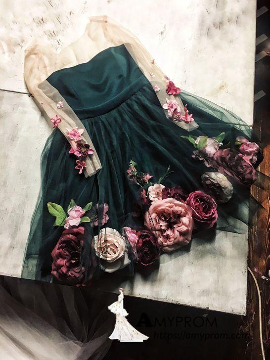 A Line Round Neck Long Sleeves Flower Short Homecoming Dresses With Flowers PPD66