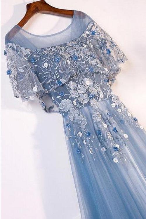 A-Line Blue Tulle Short Sleeves Long Lace Up Formal Evening Prom Dresses PDF29