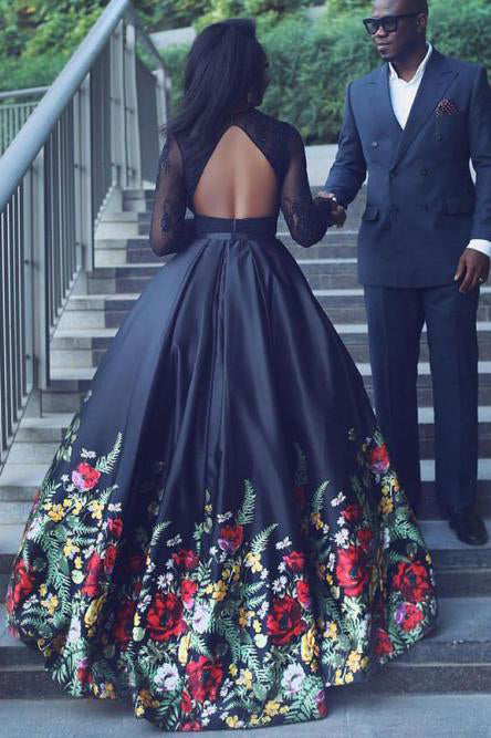 A line Black Two Piece Lace Long Sleeves Floral Prom Dress with Keyhole Back OM0053