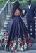 A line Black Two Piece Lace Long Sleeves Floral Prom Dress with Keyhole Back OM0053