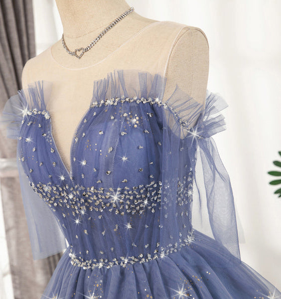 A line Tulle Blue Sheer Neck Homecoming Dresses with Sequins, Sparkly Mini Prom Dress OMH0044