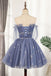 A line Tulle Blue Sheer Neck Homecoming Dresses with Sequins, Sparkly Mini Prom Dress OMH0044