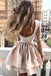 A Line High Neck Long Sleeves Satin Champagne Short Homecoming Dress with Appliques SK35