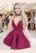A Line Burgundy V Neck Spaghetti Straps Satin Short Cocktail Dresses, Homecoming Dresses SK20