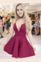 A Line Burgundy V Neck Spaghetti Straps Satin Short Cocktail Dresses, Homecoming Dresses SK20