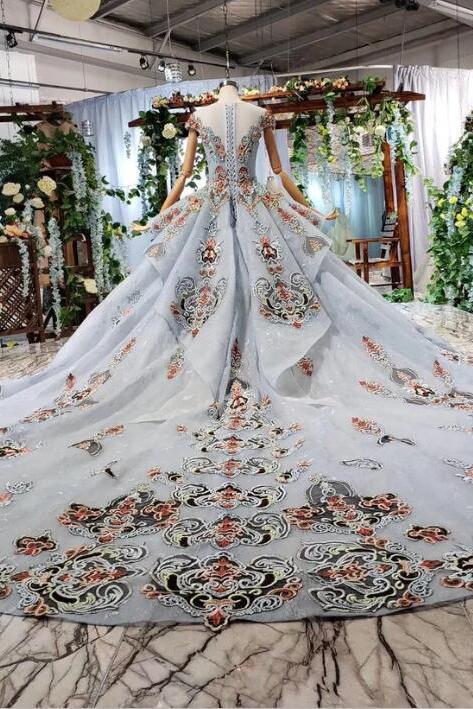 Ball Gown Light Blue Cap Sleeve Long Prom Dresses, Beaded Lace up Quinceanera Dresses PDN75