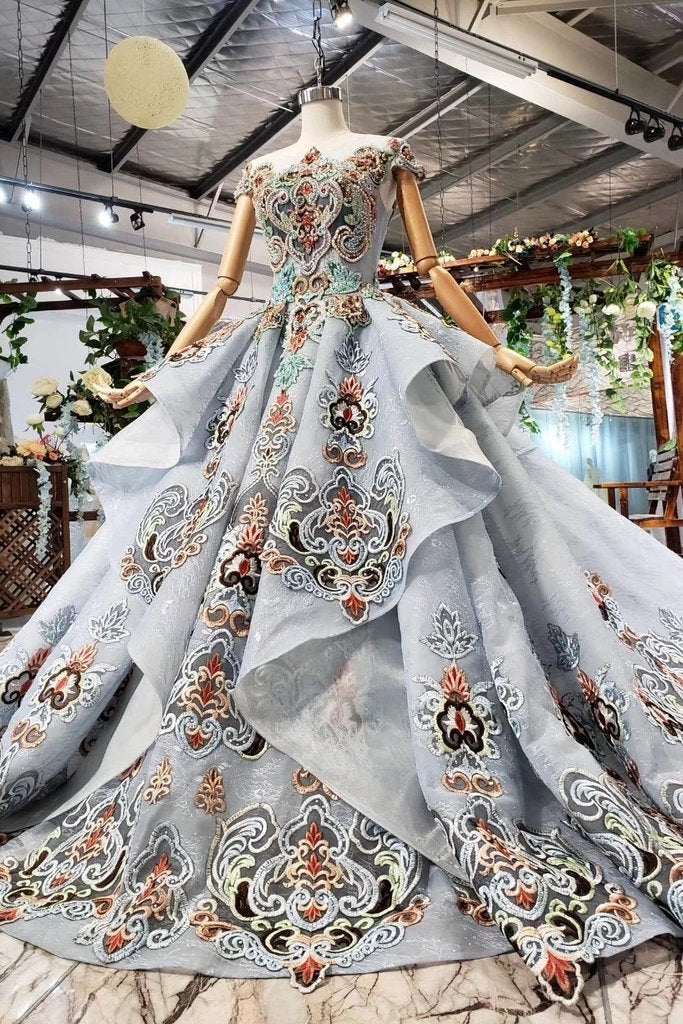 Ball Gown Light Blue Cap Sleeve Long Prom Dresses, Beaded Lace up Quinceanera Dresses PDN75