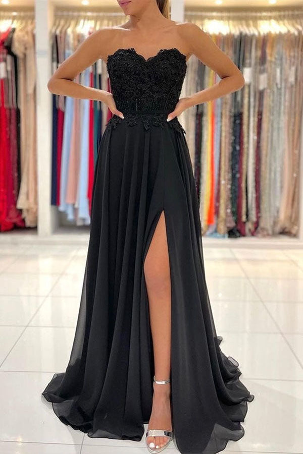 Elegant Black Sweetheart Strapless Chiffon Prom Dresses with Appliques OM0127