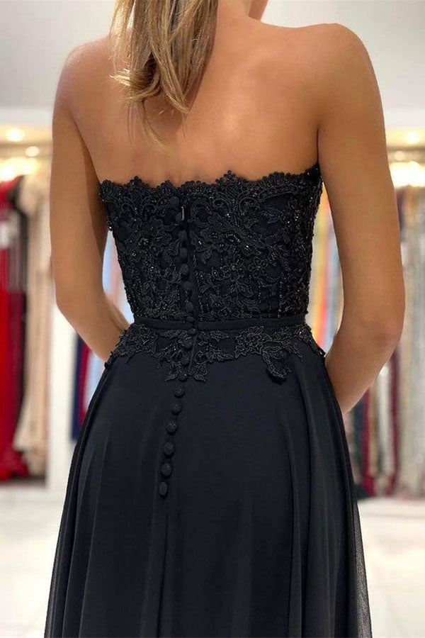 Elegant Black Sweetheart Strapless Chiffon Prom Dresses with Appliques OM0127