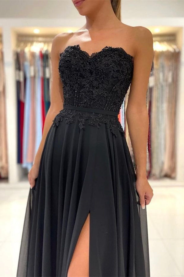 Elegant Black Sweetheart Strapless Chiffon Prom Dresses with Appliques OM0127