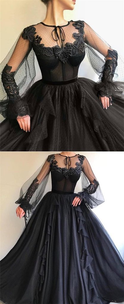 Black Long A-line Tulle Prom Dress, Long Sleeves Modest Evening Gown PDG82