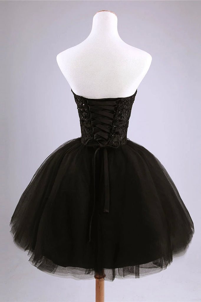 Black Strapless Sweetheart Tulle Short Homecoming Dress with Beads, Graduation Dress OMH0115