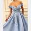 Blue Off Shoulder Flower Appliques A-line  Long Modest Beautiful Prom Dresses PDH13