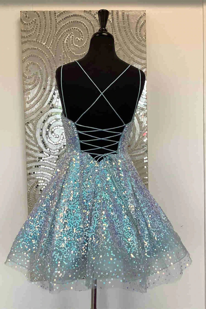 Shiny A Line Sequins Light Blue Plus Size Short Party Dresses, Homecoming Dresses OMH0096