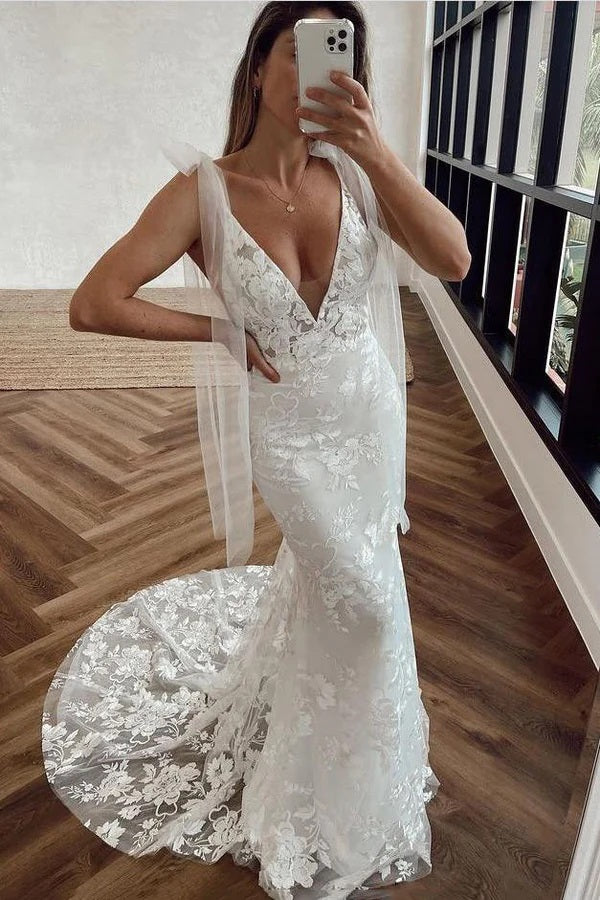 New Arrival Deep V Neck Mermaid Lace Wedding Dresses, Backless Bridal Dress OW0127