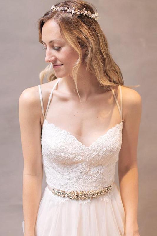 Bohemian V Neck Spaghetti Straps Ivory Backless Tulle Beads Beach Wedding Dresses WD04