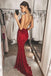 Mermaid Burgundy V-neck Sequins Backless Straps Prom Dresses Long Evening Dress OM0010