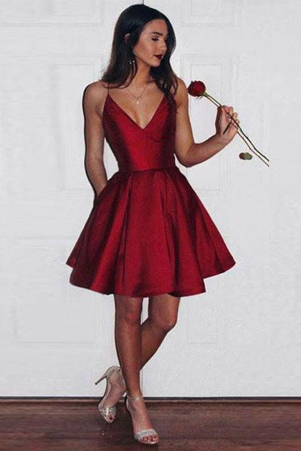 Cute A line Burgundy Spaghetti Straps V Neck Satin Homecoming Dresses with Pockets OMH0068