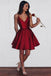 Cute A line Burgundy Spaghetti Straps V Neck Satin Homecoming Dresses with Pockets OMH0068