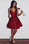 Cute A line Burgundy Spaghetti Straps V Neck Satin Homecoming Dresses with Pockets OMH0068